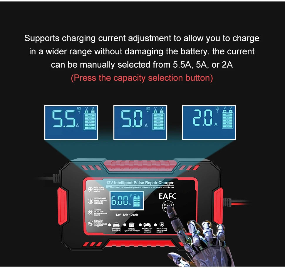 Car Battery Charger 12V 6A Pulse Repair LCD Display Smart Fast Charge AGM Deep Cycle GEL Lead-Acid Charger For Auto Motorcycle