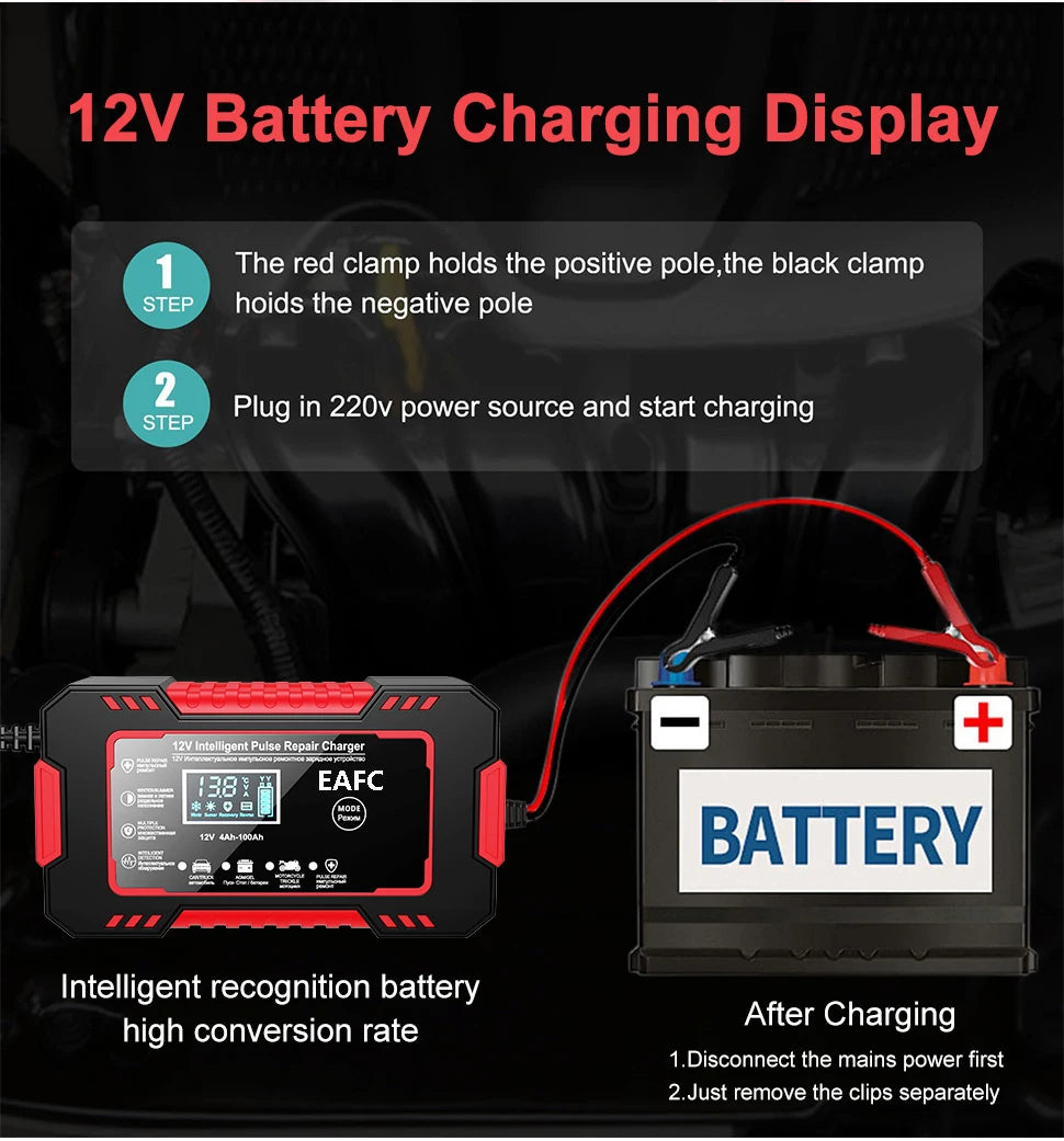 Car Battery Charger 12V 6A Pulse Repair LCD Display Smart Fast Charge AGM Deep Cycle GEL Lead-Acid Charger For Auto Motorcycle